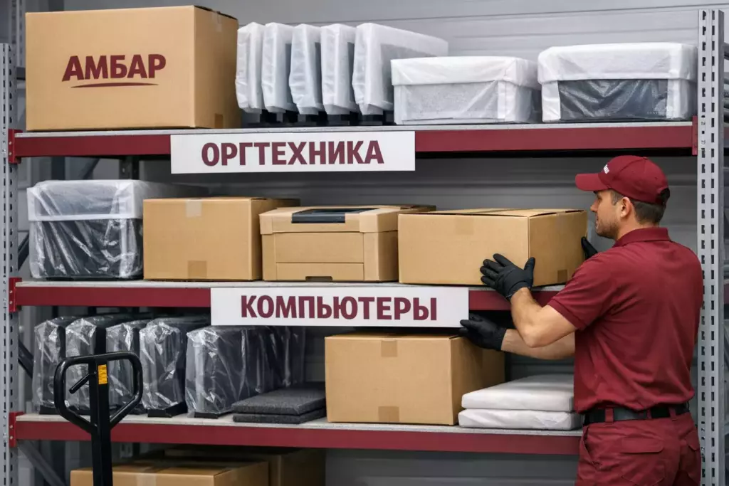 Хранение офисной оргтехники и электроники на складе «Амбар» для бизнеса: безопасная упаковка и стеллажи