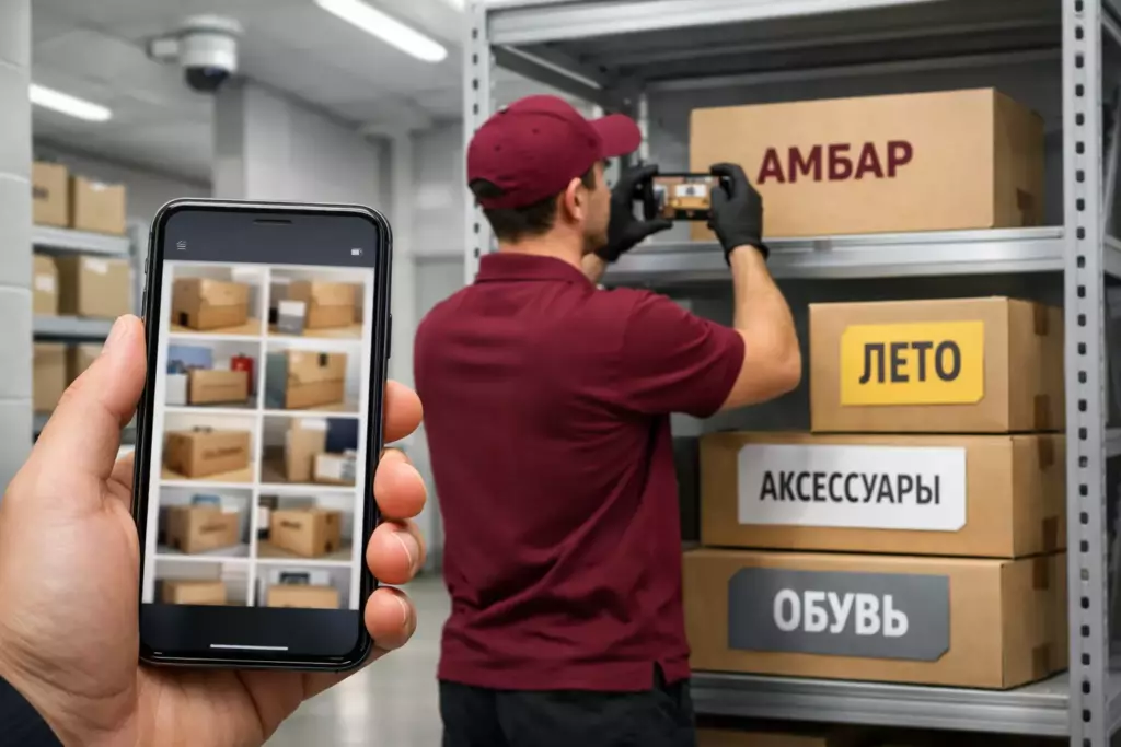 Клиент смотрит фотоотчёт в смартфоне, пока сотрудник «Амбар» фотографирует и фиксирует в системе брендированные коробки с бирками «ЛЕТО», «ОБУВЬ», «АКСЕССУАРЫ» на стеллаже.