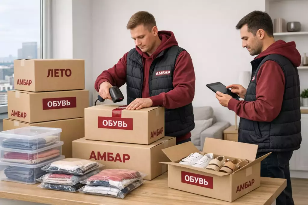 Сотрудник склада «Амбар» упаковывает летнюю одежду и обувь в брендированные коробки, пломбирует и маркирует «ЛЕТО» и «ОБУВЬ» перед отправкой на ответственное хранение.