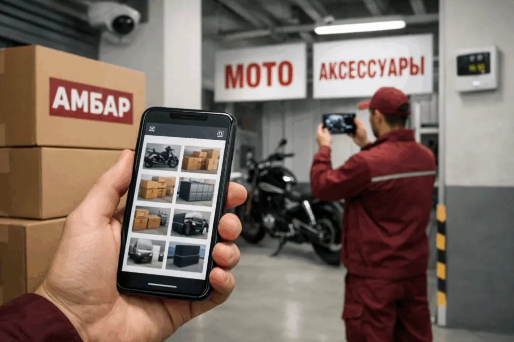 Клиент смотрит в смартфоне фотоотчёт «Амбар», а на фоне сотрудник фотографирует мотоцикл на складе рядом с фирменными коробками.