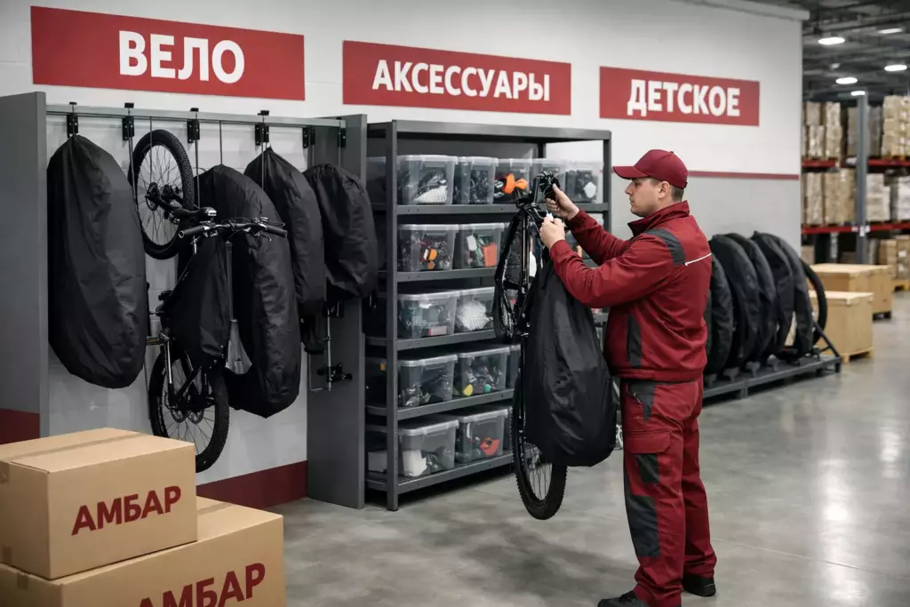 Велосипеды на хранении в «Амбар»: размещены на специализированных стойках, в чехлах и с крупными бирками «ВЕЛО»