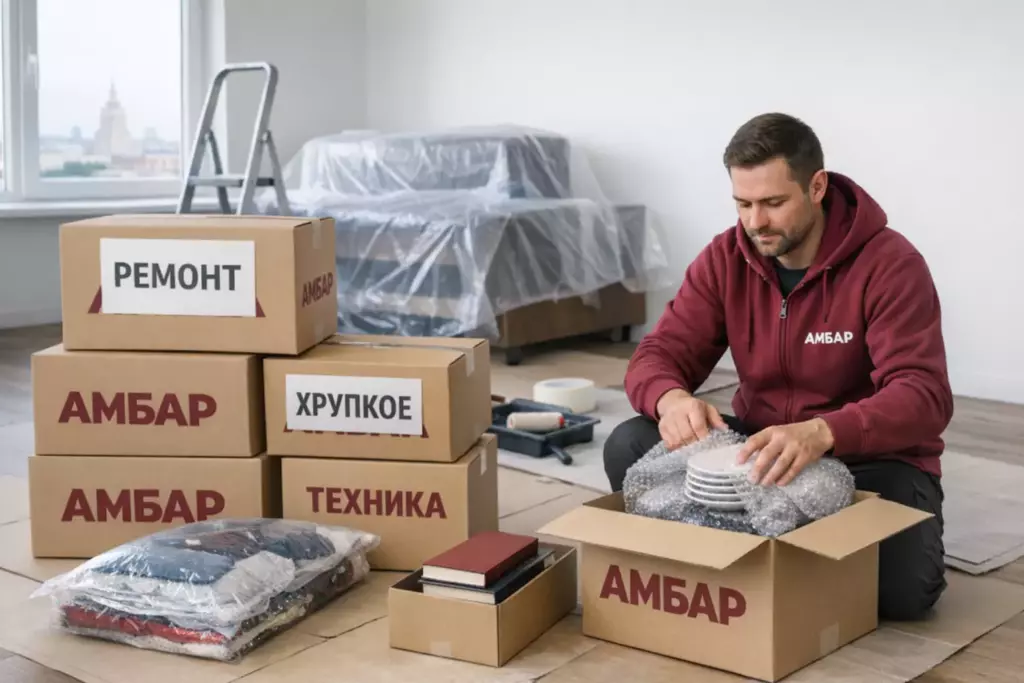 Сотрудник «Амбар» упаковывает вещи в квартире перед ремонтом, рядом брендированные коробки «АМБАР» с бирками «РЕМОНТ» и «ХРУПКОЕ»