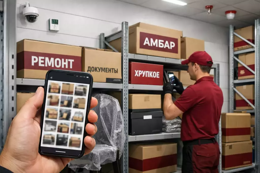 Клиент смотрит фотоучёт вещей в личном кабинете на смартфоне, сотрудник «Амбар» фиксирует коробки на складе, видны коробки «АМБАР» и элементы контроля безопасности