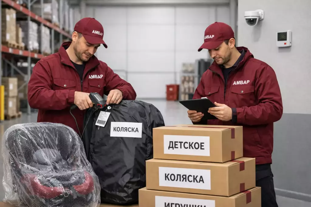 На складе «Амбар» сотрудник сканирует и маркирует коробки с детскими вещами; рядом коляска в чехле и элементы контроля безопасности.