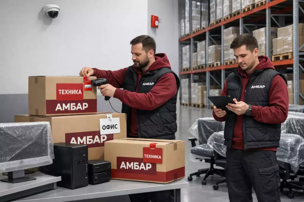Сотрудники «Амбар» сканируют и пломбируют коробки при приёмке имущества компании для ответственного хранения в Москве