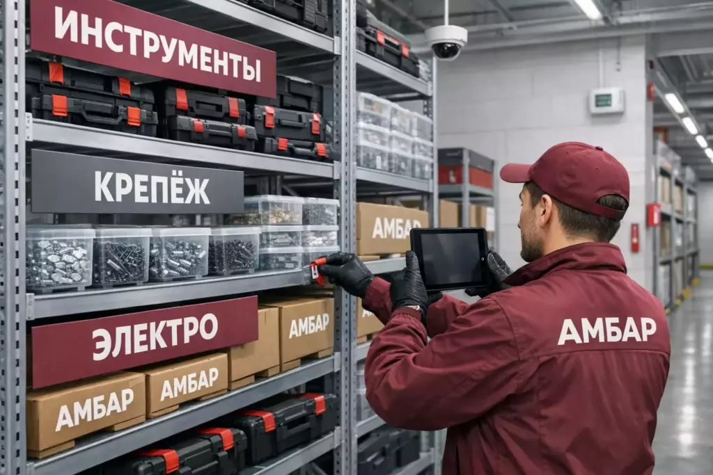 Инструменты в кейсах и коробках «АМБАР» размещены на стеллажах в чистом охраняемом складе
