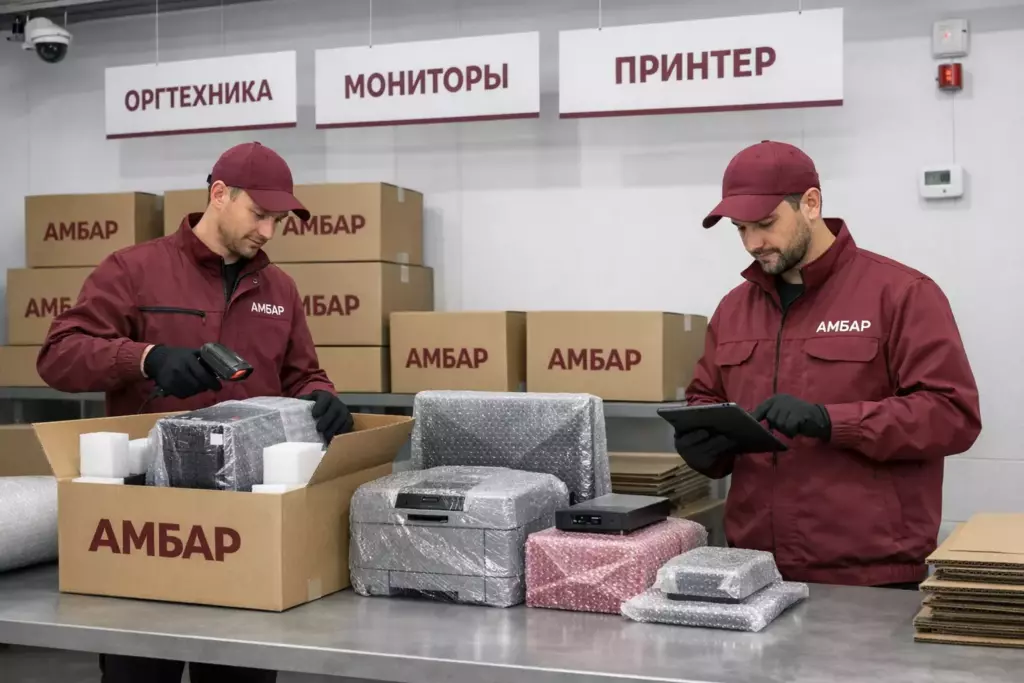 Сотрудники «Амбар» упаковывают и маркируют офисную технику для хранения на складе