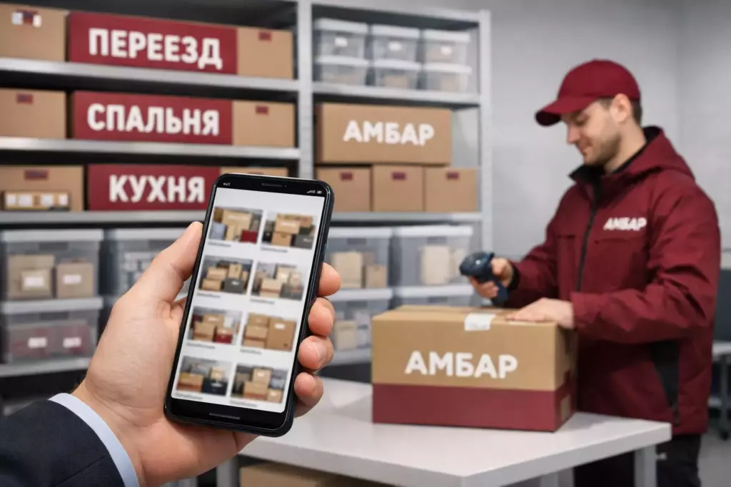 Личный кабинет с фотоотчётом и коробки «АМБАР» на складе — хранение вещей при переезде