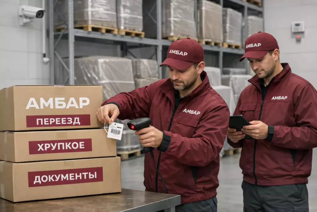 Приёмка, сканирование и маркировка коробок «АМБАР» на складе хранения вещей при переезде