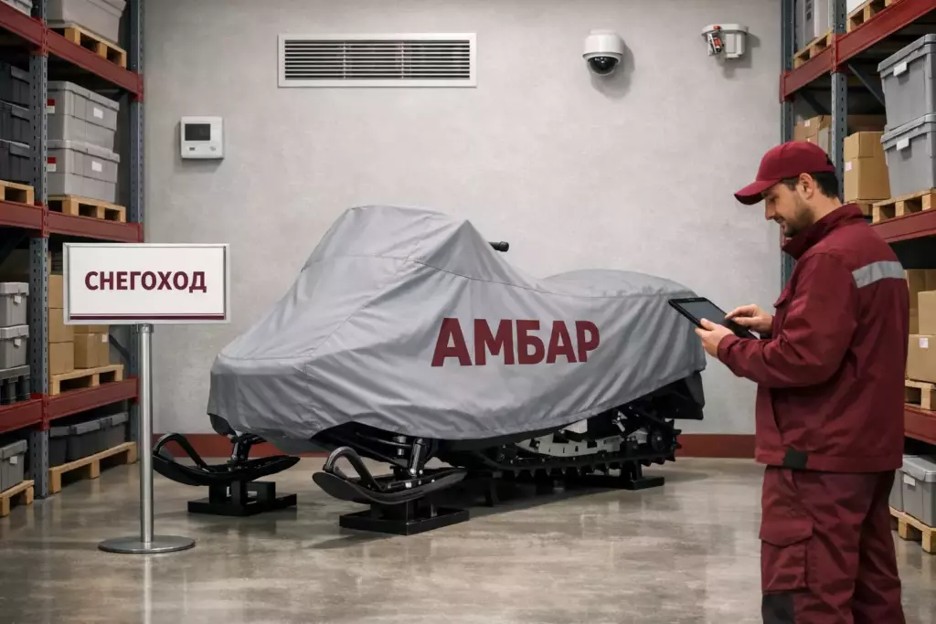 Снегоход на хранении в «Амбар»: размещение на подставке, защитный чехол и контроль температуры и влажности