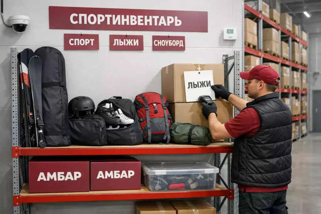 Муверы «Амбар» в бордовой форме упаковывают сноуборд и готовят велосипед к перевозке; рядом фирменные коробки «АМБАР» и ярлык «СПОРТ».