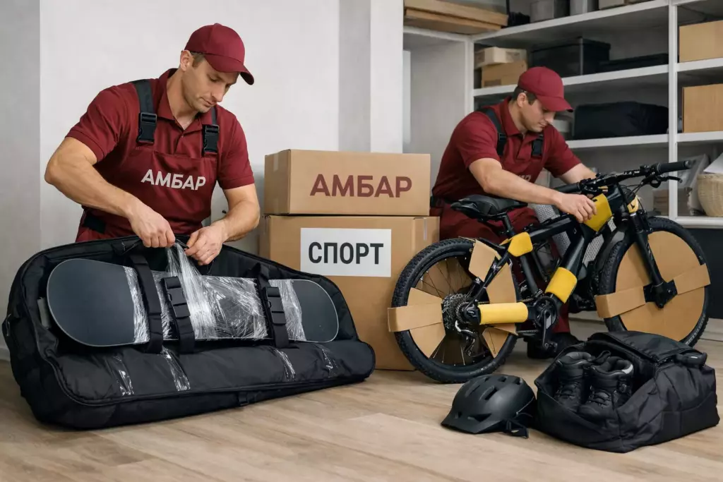Организованная зона хранения спортинвентаря на складе «Амбар»: лыжи и сноуборд в чехлах на стеллаже, фирменные коробки «АМБАР», сотрудник маркирует и сканирует бирку.