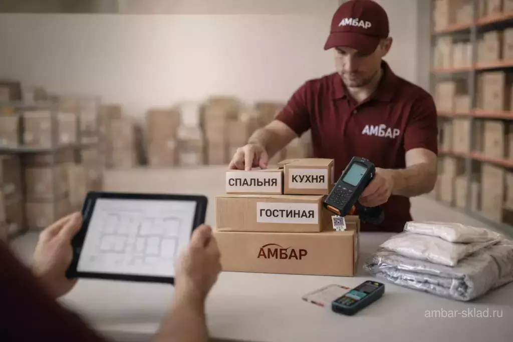 Планирование укладки вещей в бокс 10 м²: сотрудник 'Амбар' расставляет зоны на коробках 'АМБАР' и сканирует QR-метку, рядом вакуумные пакеты.