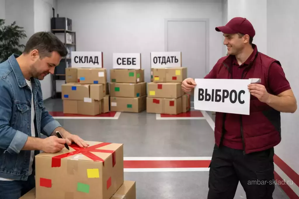 Четыре стопки коробок «АМБАР» с крупными бирками «СКЛАД», «СЕБЕ», «ОТДАТЬ», «ВЫБРОС»; сотрудник «Амбар» помогает с маркировкой.