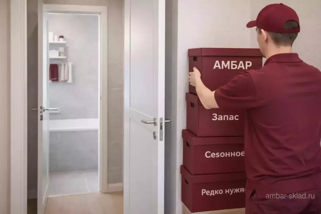 Порядок в ванной после расхламления: коробки «Амбар» с подписями «Сезонное» и «Запас» для хранения вещей в Москве, ванная стала свободнее.