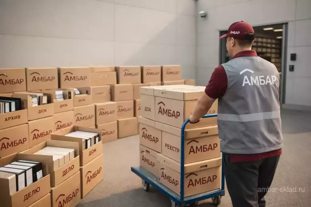 Летняя уличная сцена Амбар с перевозкой архивных коробок с документами к защищённой зоне длительного хранения