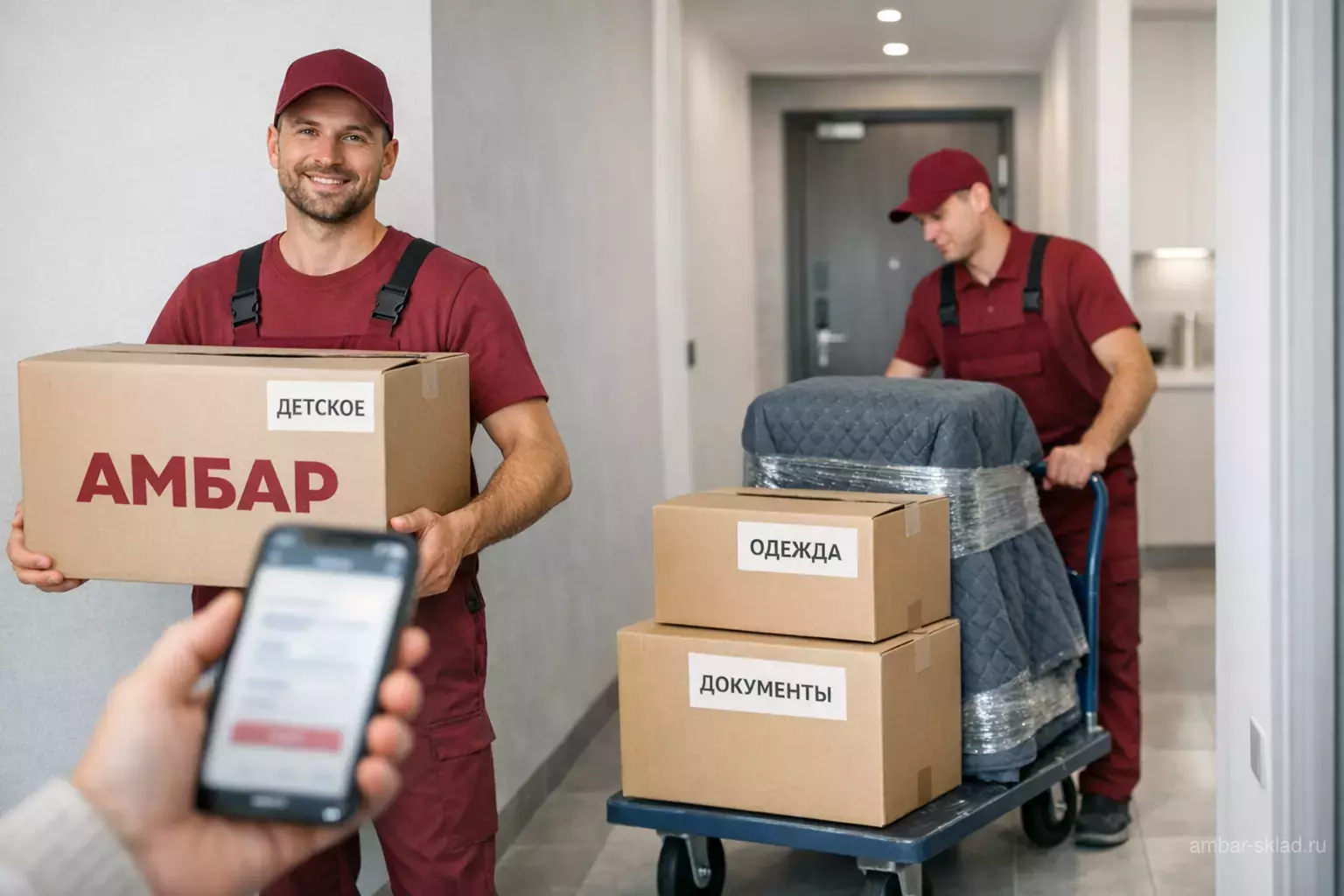Муверы «Амбар» в бордовой форме доставляют коробки «АМБАР» в новый дом; клиент оформляет возврат/доставку через смартфон