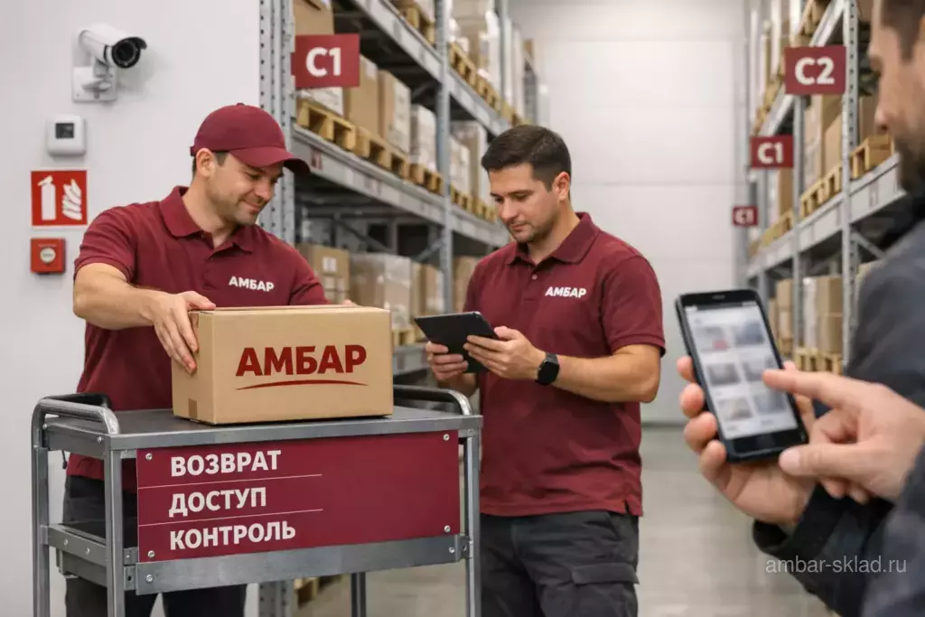 Клиент оформляет возврат одной коробки, сотрудники «Амбар» подтверждают выдачу: бирки «Возврат», «Доступ», «Контроль» и работа с планшетом.