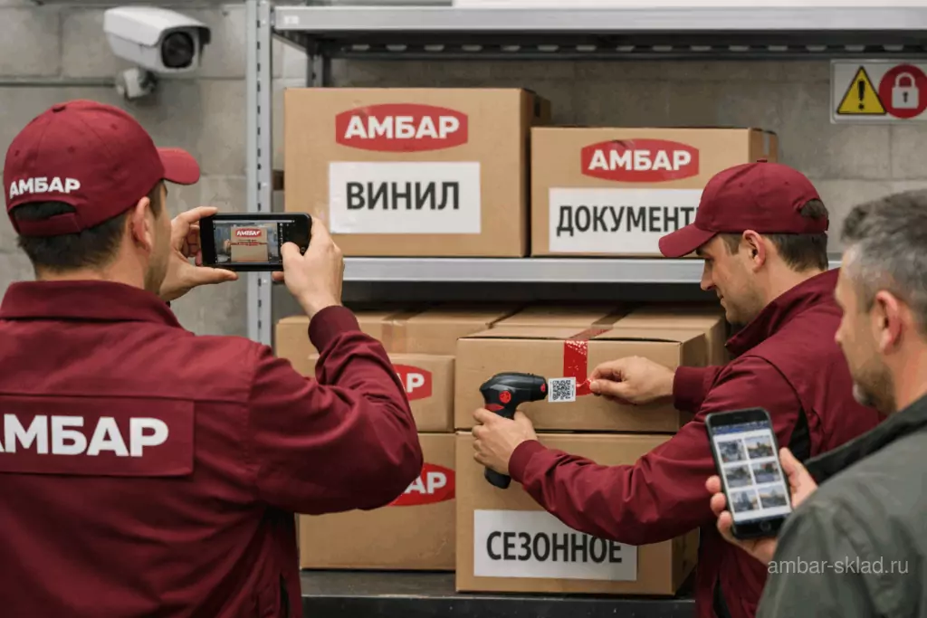 Сотрудники «Амбар» делают фотоопись и сканируют коробки; клиент видит учет и фотографии в личном кабинете