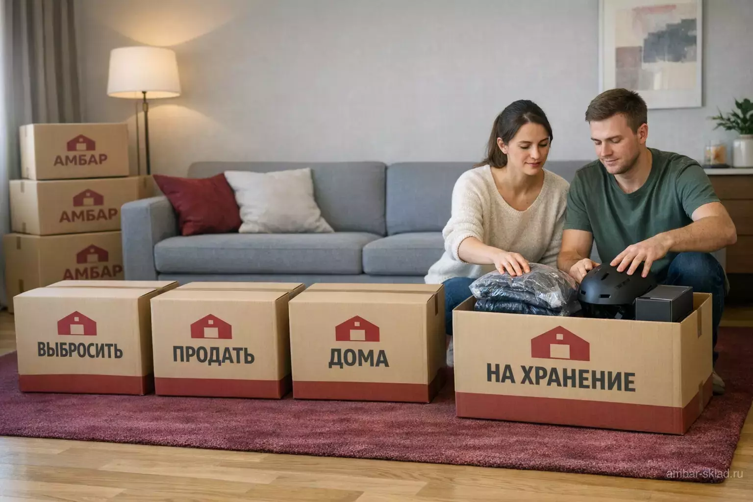В московской квартире сезонные вещи и коробки «АМБАР» занимают часть комнаты; рядом видны свободное пространство и рулетка, намёк на экономию квадратных метров.
