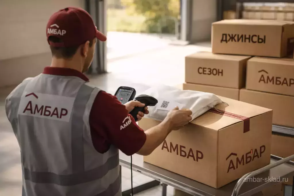 Приёмка джинсов на складе 'Амбар': сотрудник сканирует метку, опечатывает короб и ставит категорию 'ДЖИНСЫ'