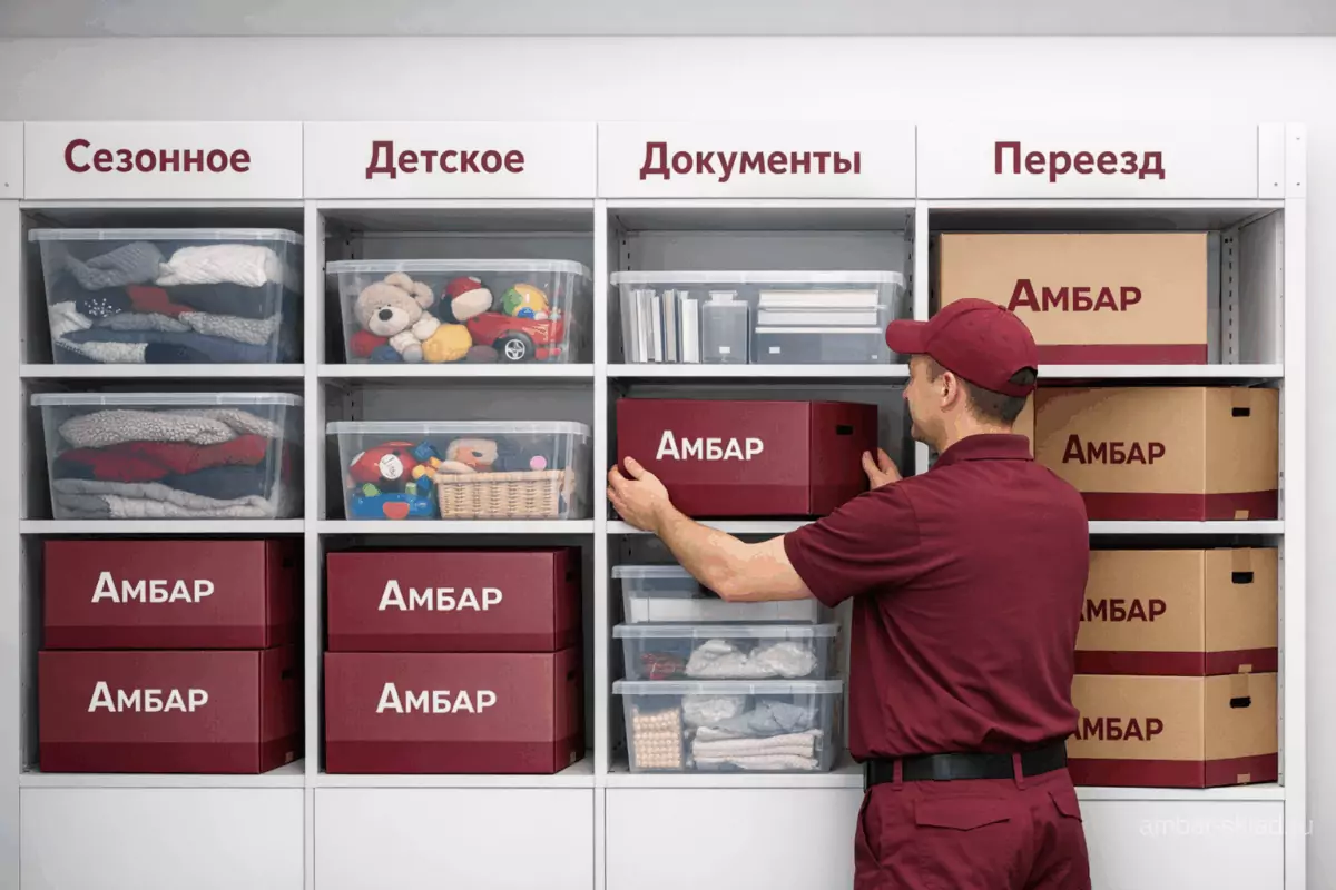 Организованное хранение сезонных и редко используемых вещей на складе «Амбар»: коробки и контейнеры на стеллаже — порядок в Москве и области.