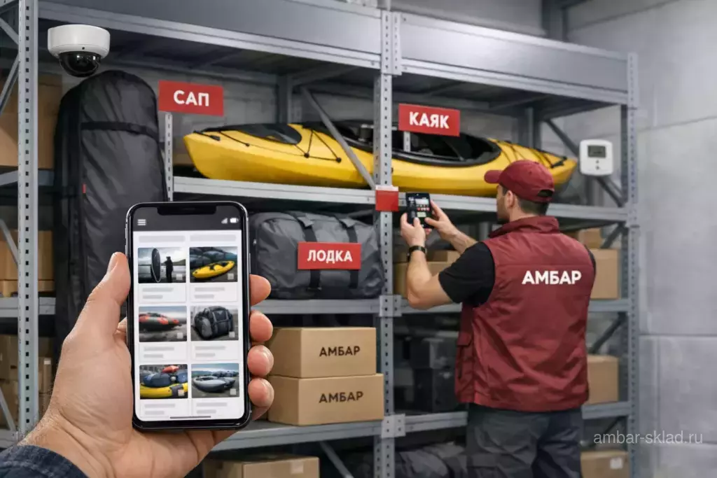 Лодка, сапборд и каяк на хранении в «Амбар»: стеллажи, контроль условий и фотоотчёт в приложении.