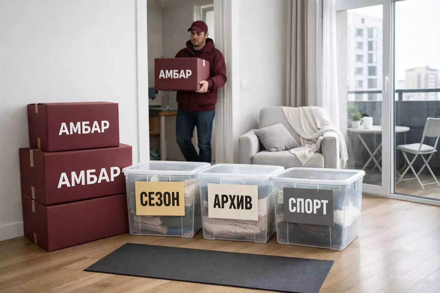 Светлая квартира после расхламления: коробки «АМБАР» с бирками «СЕЗОН/АРХИВ/СПОРТ», сотрудник в бордовой форме выносит вещи на хранение.