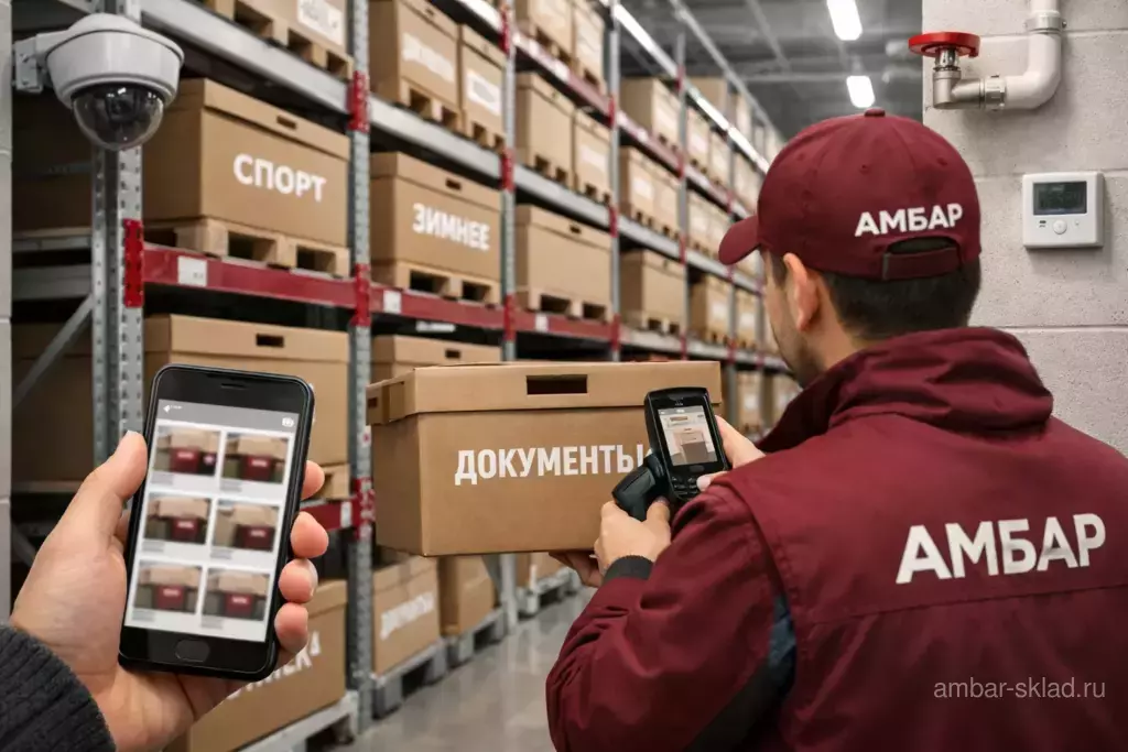 Клиент показывает на смартфоне каталог вещей, пока сотрудник «Амбар» на складе сканирует бирку на коробке «АМБАР»; на фоне стеллажи, видеонаблюдение и датчики.