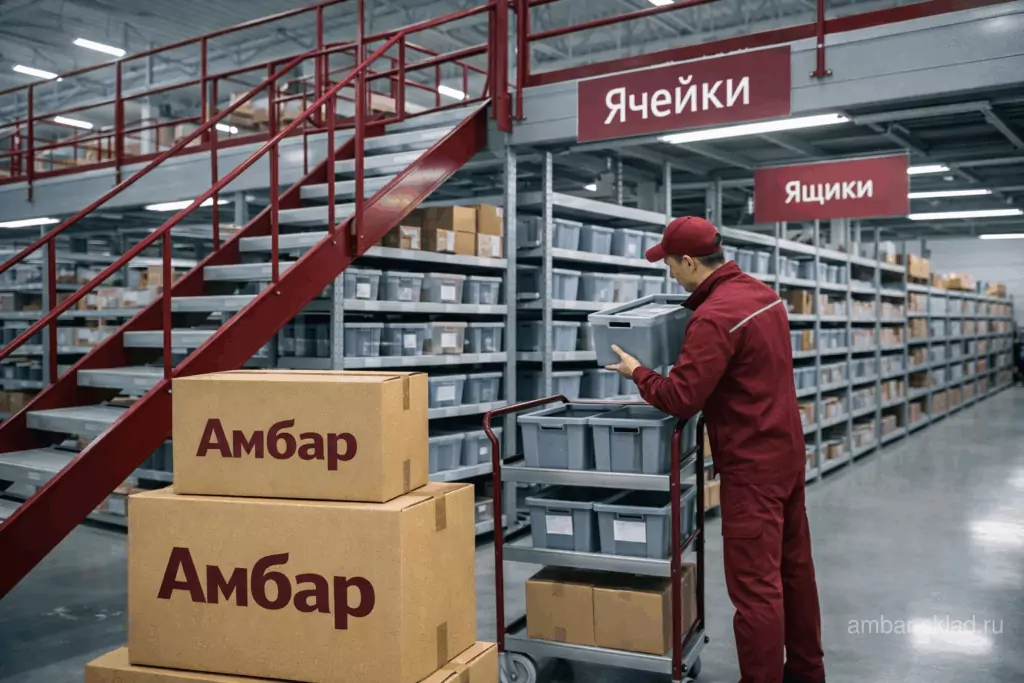 Мезонин на складе «Амбар»: многоярусная система хранения, полочные и ящичные стеллажи для штучного товара, сотрудник выполняет комплектацию.
