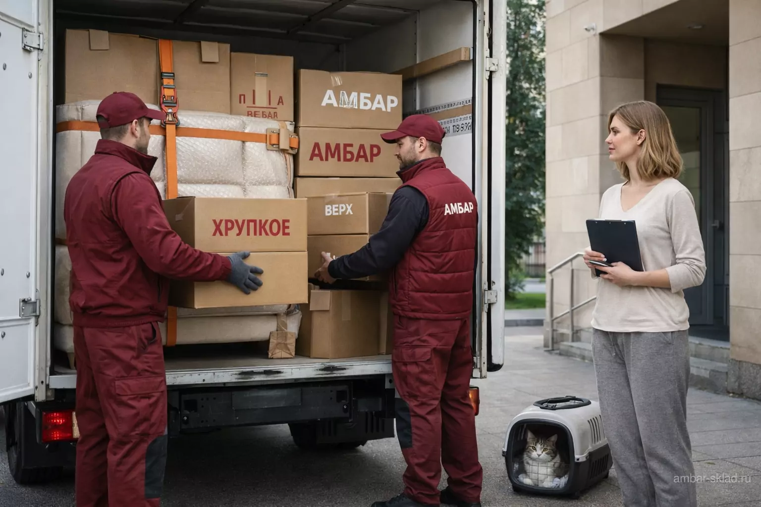 Погрузка при переезде: муверы «Амбар» загружают брендированные коробки, девушка-клиент и кошка в переноске рядом, безопасная фиксация в фургоне.