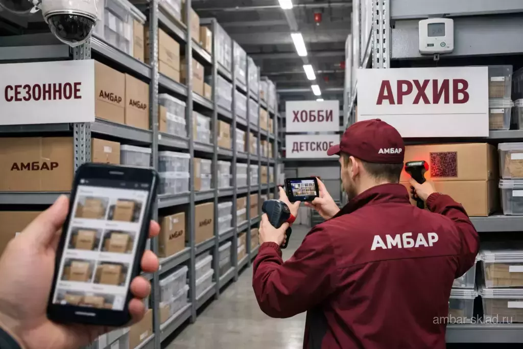Склад «Амбар»: сотрудник сканирует бирку на коробке «АМБАР», клиент смотрит фотоинвентарь в личном кабинете на смартфоне (текст размытый).