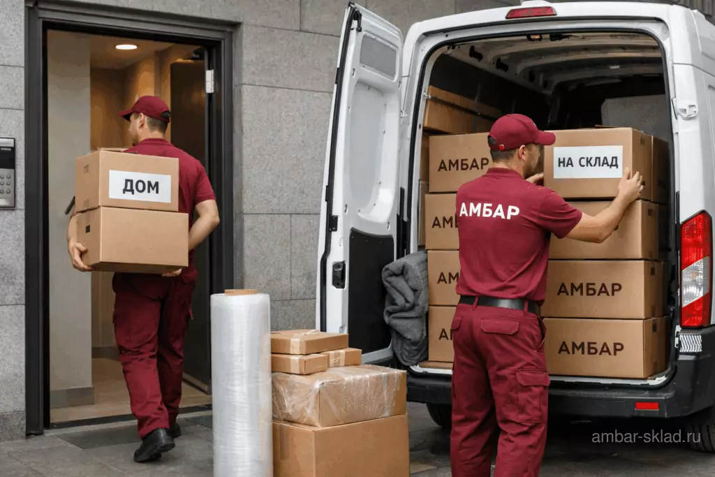 Муверы «Амбар» распределяют коробки: часть заносят в квартиру, часть грузят в фургон для хранения на складе в Москве.