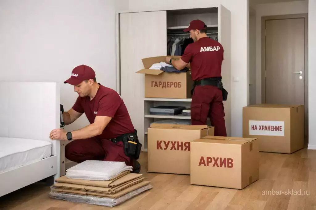 Муверы «Амбар» в бордовой форме собирают мебель и раскладывают вещи по шкафам в новой квартире в Москве среди коробок «АМБАР».