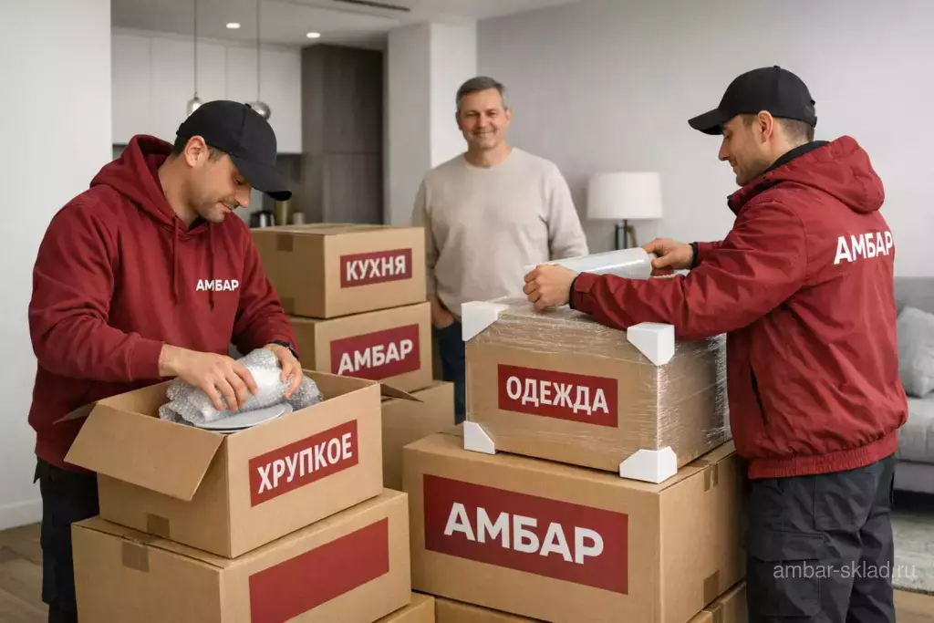 Сотрудники «Амбар» в бордовой форме аккуратно упаковывают вещи в квартире: пузырчатая плёнка, стрейч-плёнка и коробки «АМБАР» с бирками «КУХНЯ», «ХРУПКОЕ», «ОДЕЖДА».
