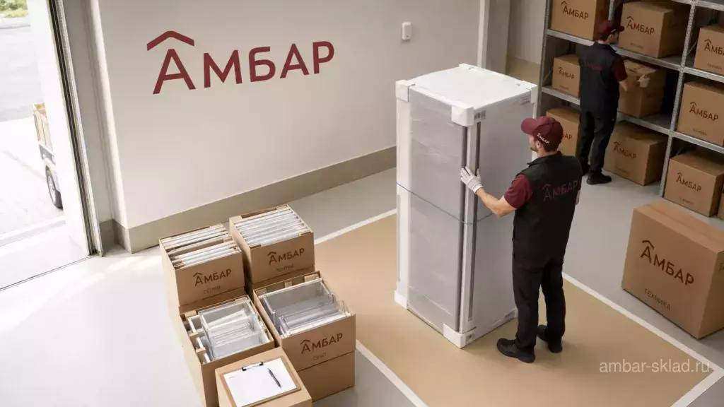 Холодильник после перевозки стоит вертикально в зоне приемки склада АМБАР рядом с упакованными полками