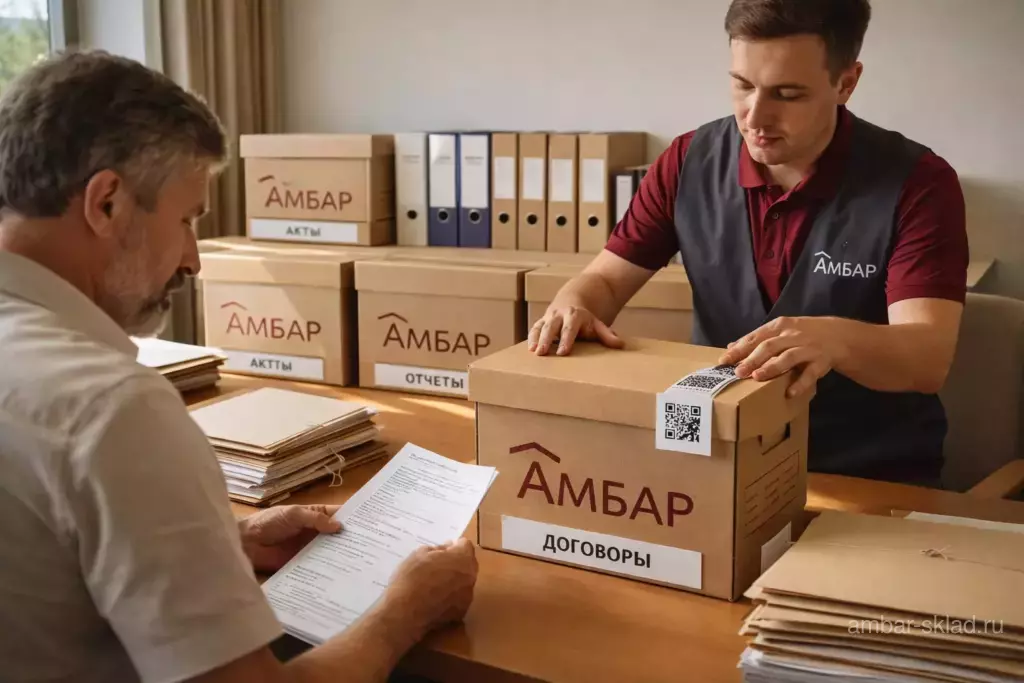 Клиент и сотрудник Амбар сортируют и упаковывают архивные документы в короб для дальнейшего ответственного хранения