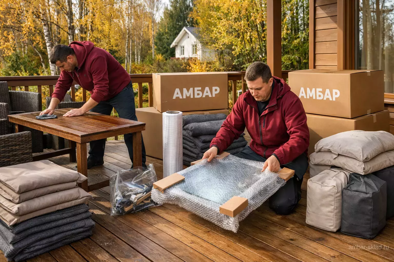 Сотрудники «Амбар» на даче сушат и упаковывают садовую мебель перед зимним хранением: ротанг, дерево, чехлы и брендированные коробки.