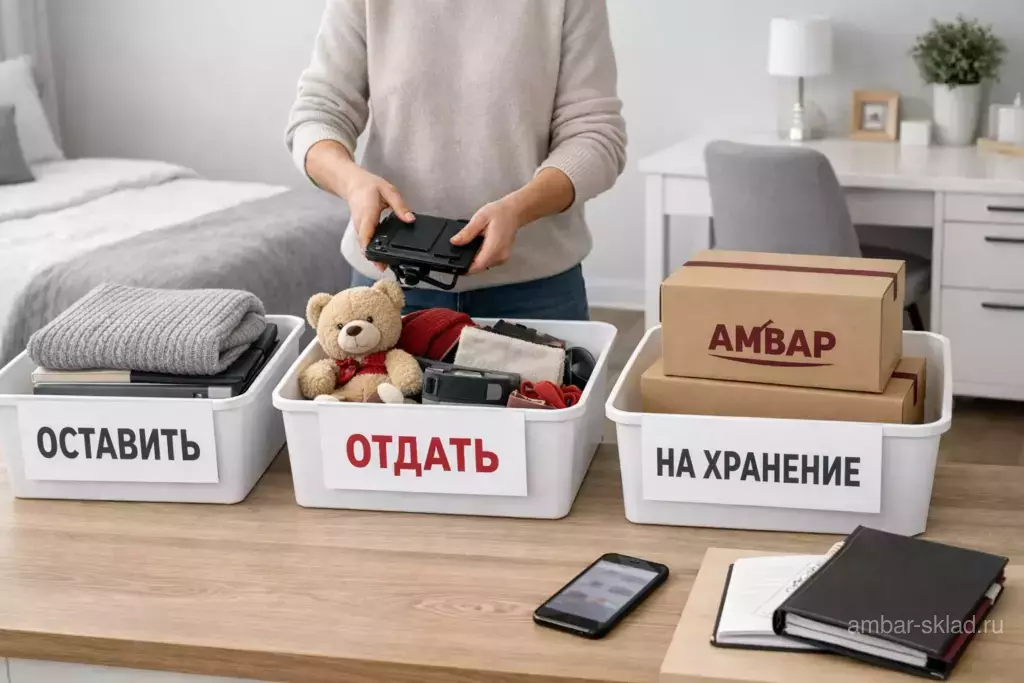 Сортировка вещей по трём категориям: «оставить», «отдать», «на хранение»; коробки «АМБАР» для аккуратного вывоза