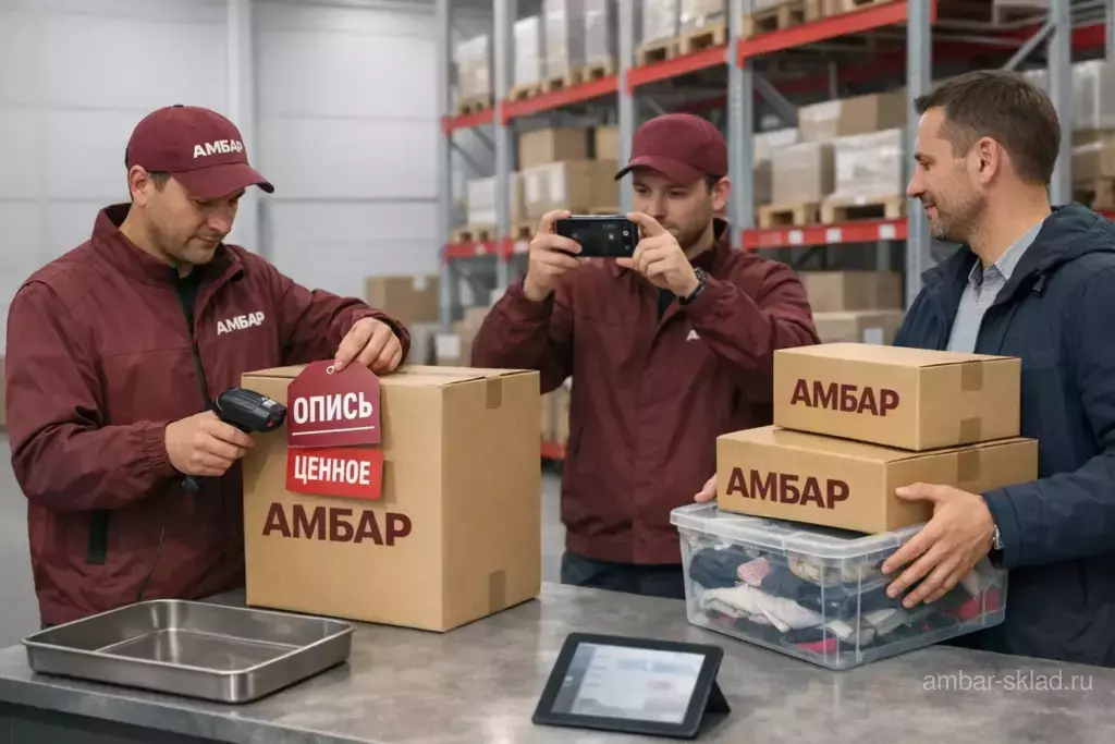 Сотрудники «Амбар» маркируют и сканируют коробки при приёмке: бирки «Опись», «Хрупкое», «Ценное» и фотофиксация.