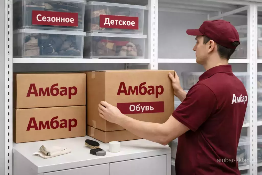 Склад «Амбар»: сезонное хранение обуви в коробках и контейнерах на стеллажах, Москва и Московская область