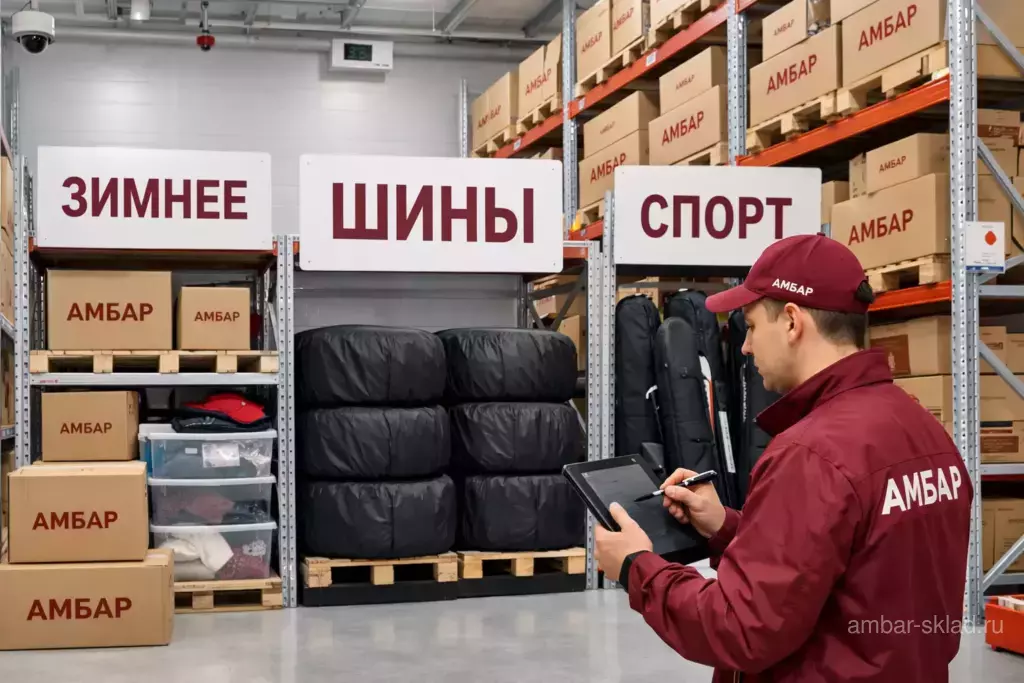 На тёплом складе «Амбар» коробки «АМБАР» и сезонные вещи (шины, спортинвентарь, зимняя одежда) на стеллажах.