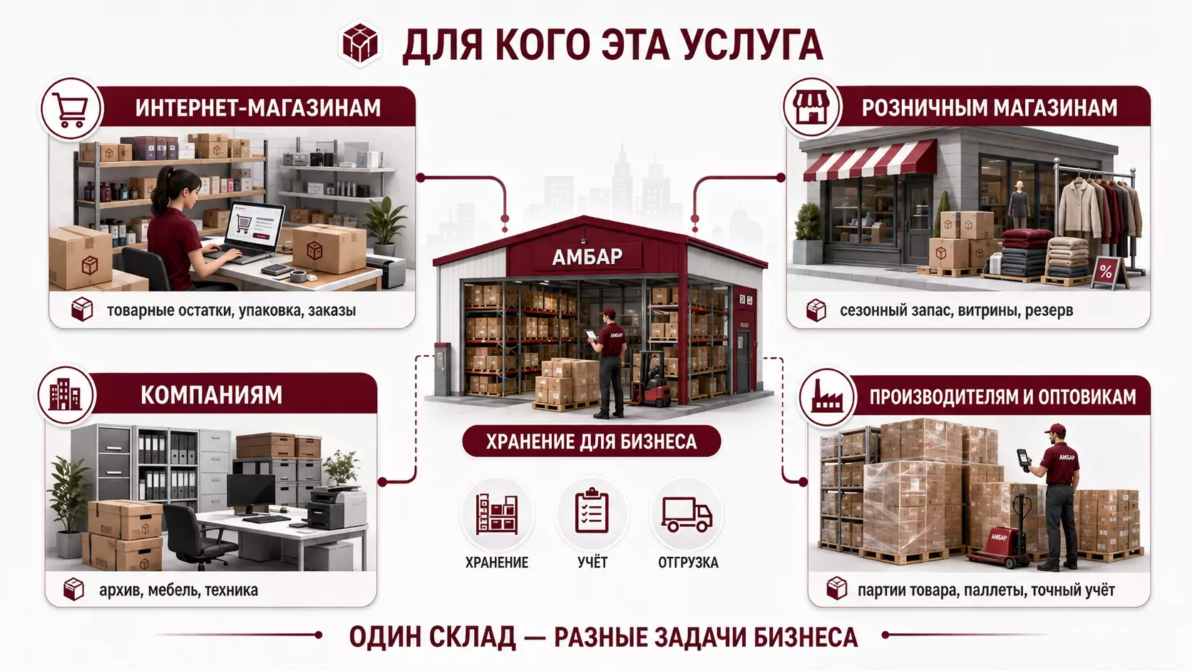 Хранение для бизнеса на складе АМБАР: товары интернет-магазинов, запасы розничных магазинов, имущество компаний, партии производителей и оптовиков с количественным учётом