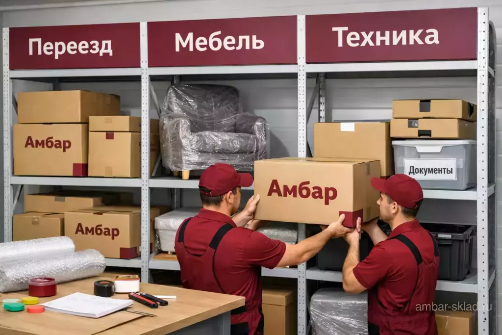 Склад «Амбар»: хранение мебели, техники и коробок при переезде с маркировкой категорий и аккуратными стеллажами