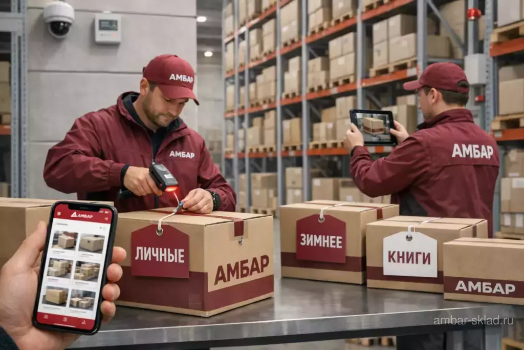 Приёмка на складе «Амбар»: сотрудник сканирует бирку на коробке «АМБАР», а клиент контролирует хранение через смартфон с личным кабинетом