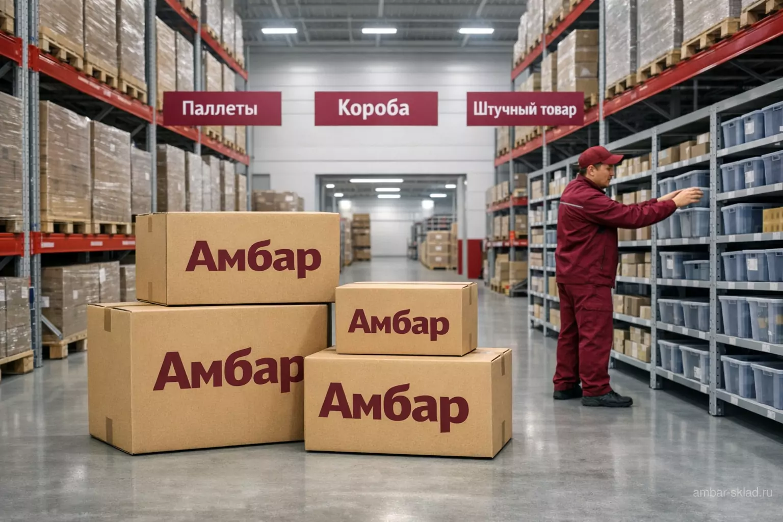 Современный склад «Амбар» в Москве: паллетные и полочные стеллажи, брендированные коробки и зоны хранения для паллет, коробов и штучного товара.