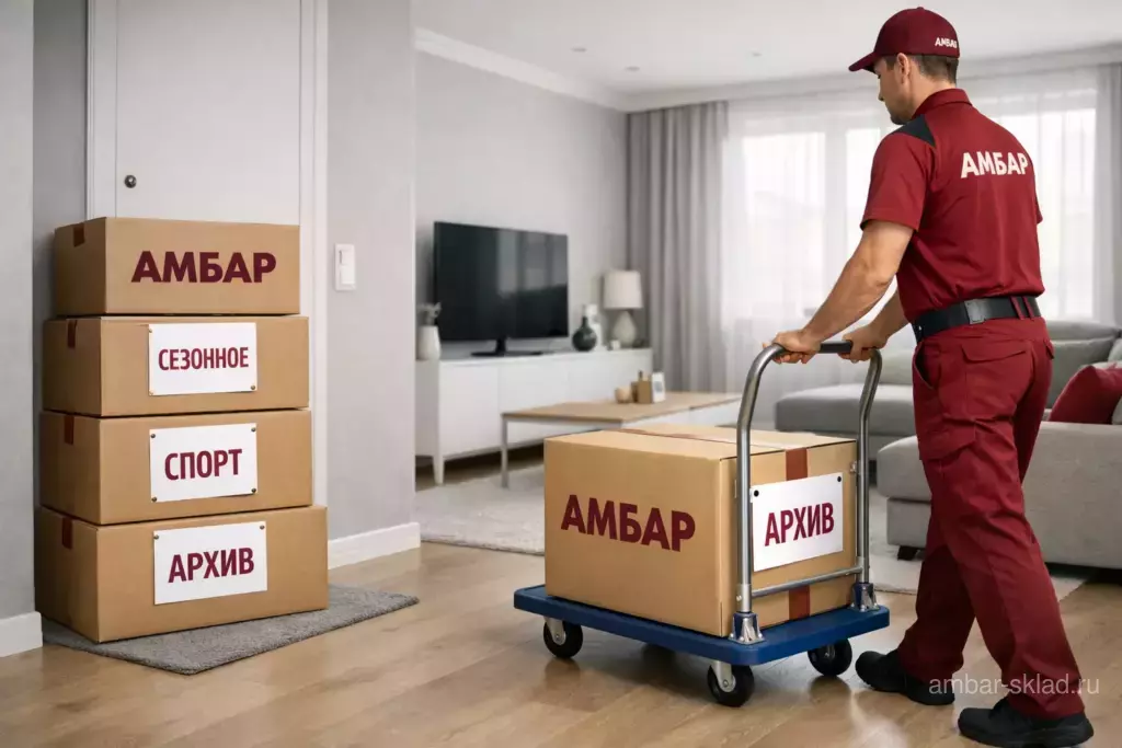 Просторная светлая квартира после расхламления: коробки «АМБАР» у двери, сотрудник в бордовой форме вывозит коробку.