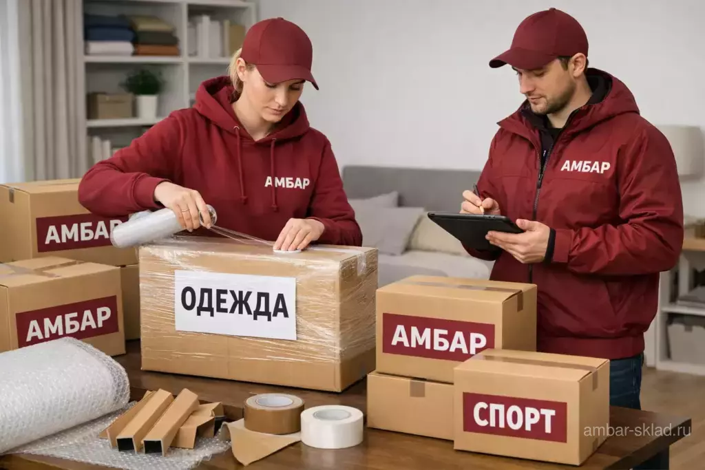 Сотрудники «Амбар» упаковывают и маркируют коробки в квартире перед вывозом на склад хранения
