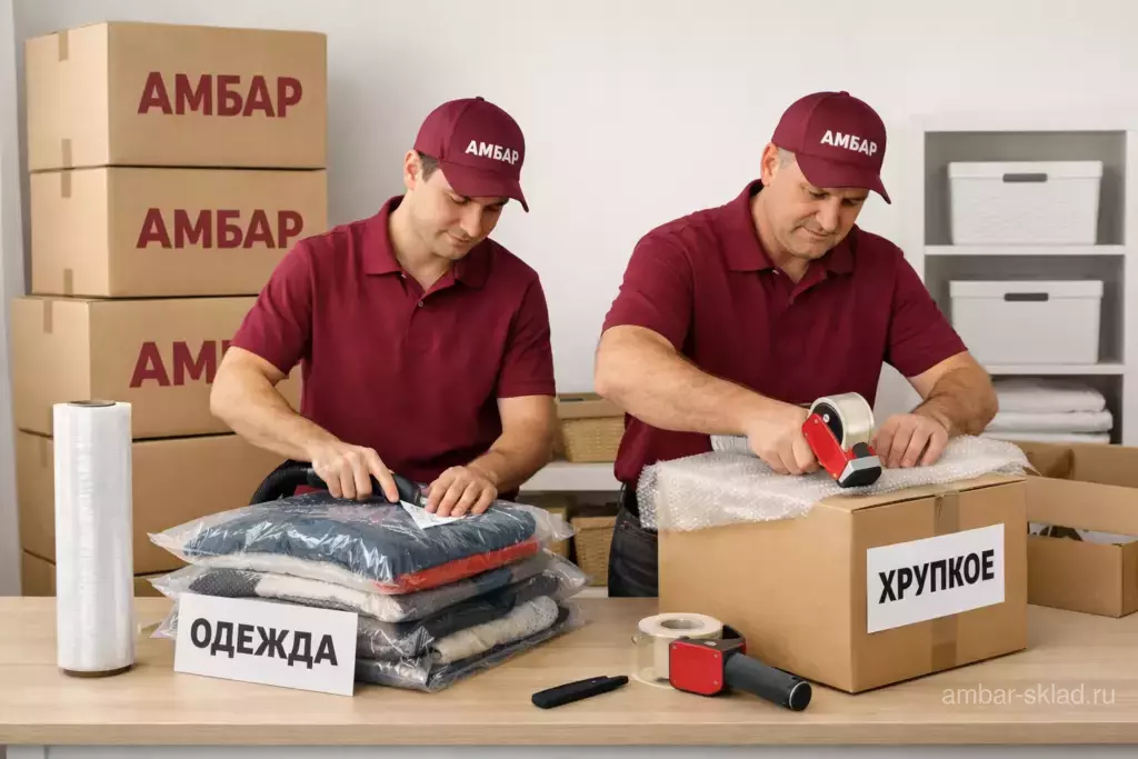 Сотрудники «Амбар» в бордовой форме упаковывают вещи дома в коробки «АМБАР» с крупными бирками, готовя их к вывозу и хранению.