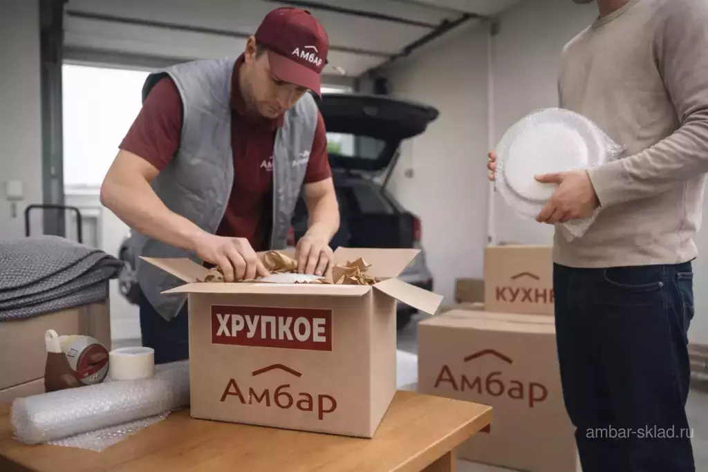 Амбар закрывает коробку с упакованной тарелкой и маркировкой «ХРУПКОЕ» в гараже перед перевозкой.